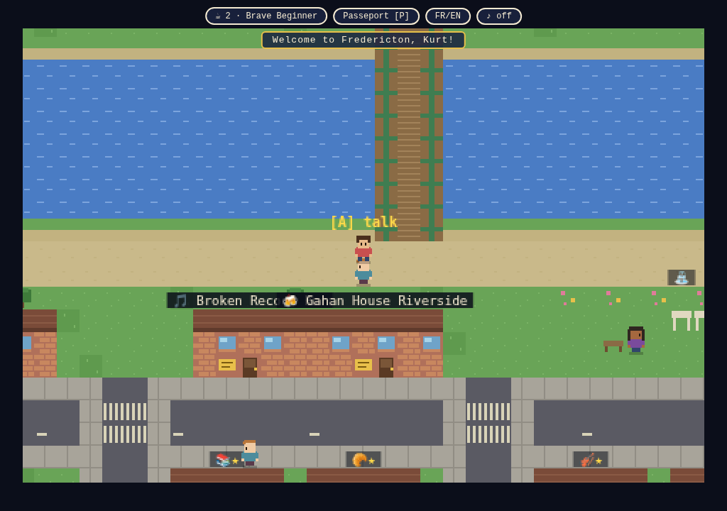 SNES-style pixel-art view of the Bill Thorpe Walking Bridge crossing the river into downtown Fredericton